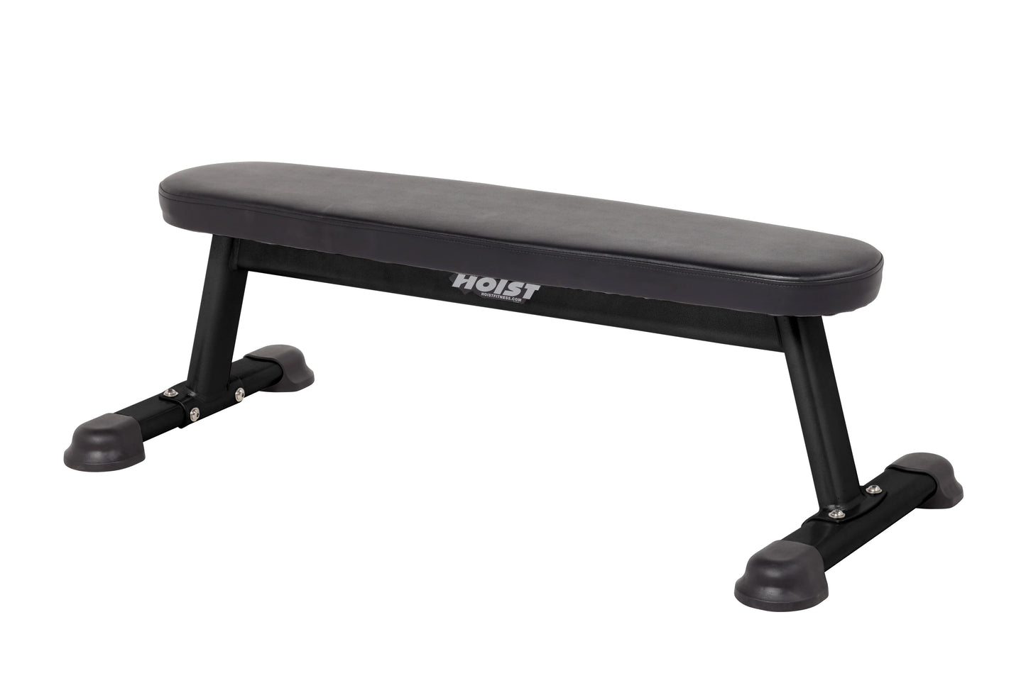 Black flat utility bench with padded seat, metal frame, and suction cup feet on white background