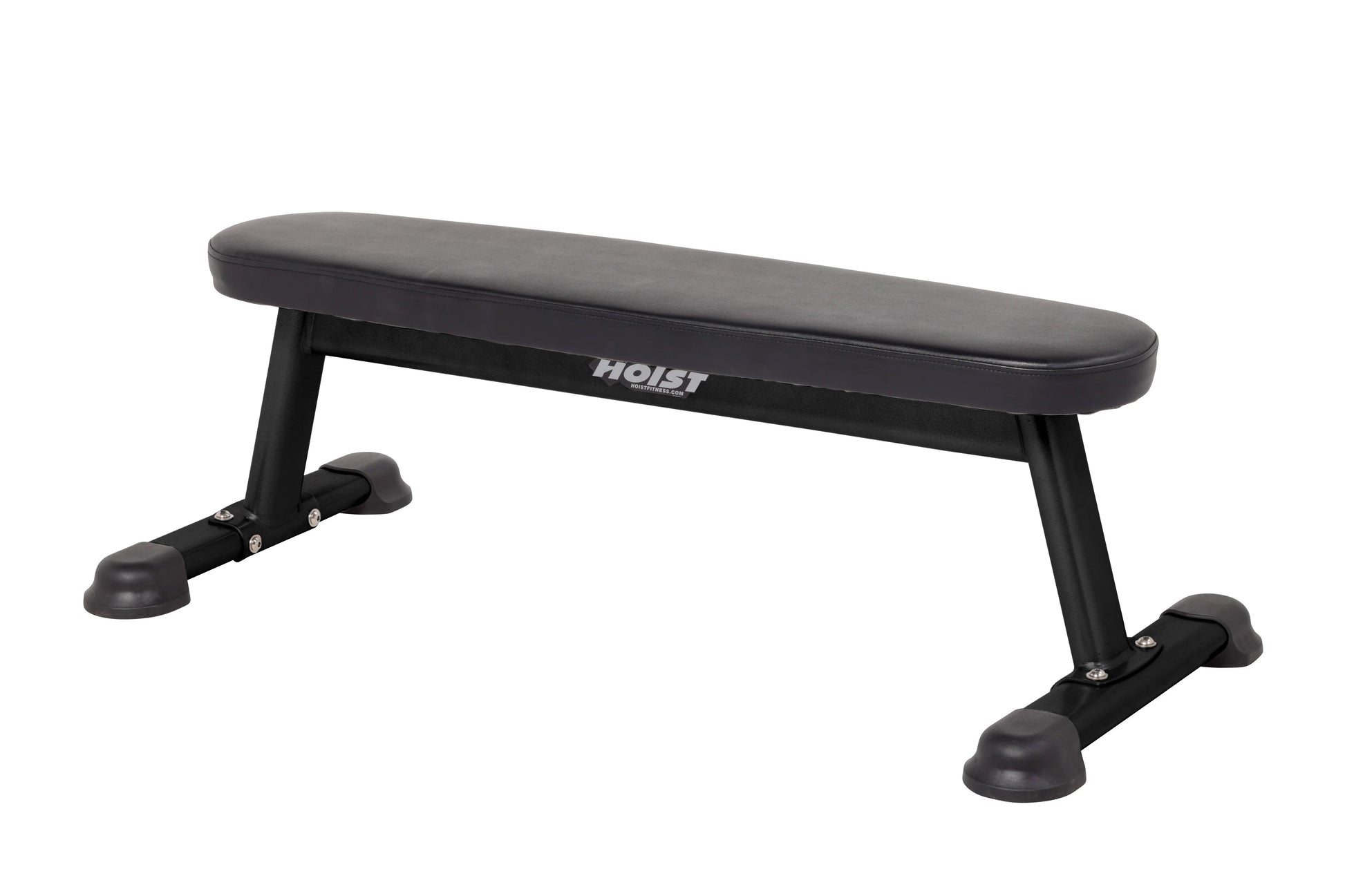 Black flat utility bench with padded seat, metal frame, and suction cup feet on white background