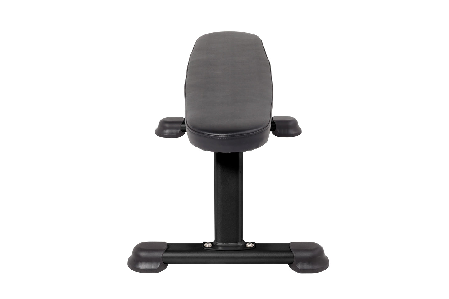Hoist Flat Utility Bench with gray padded seat and backrest, black frame, and adjustable armrests on white background