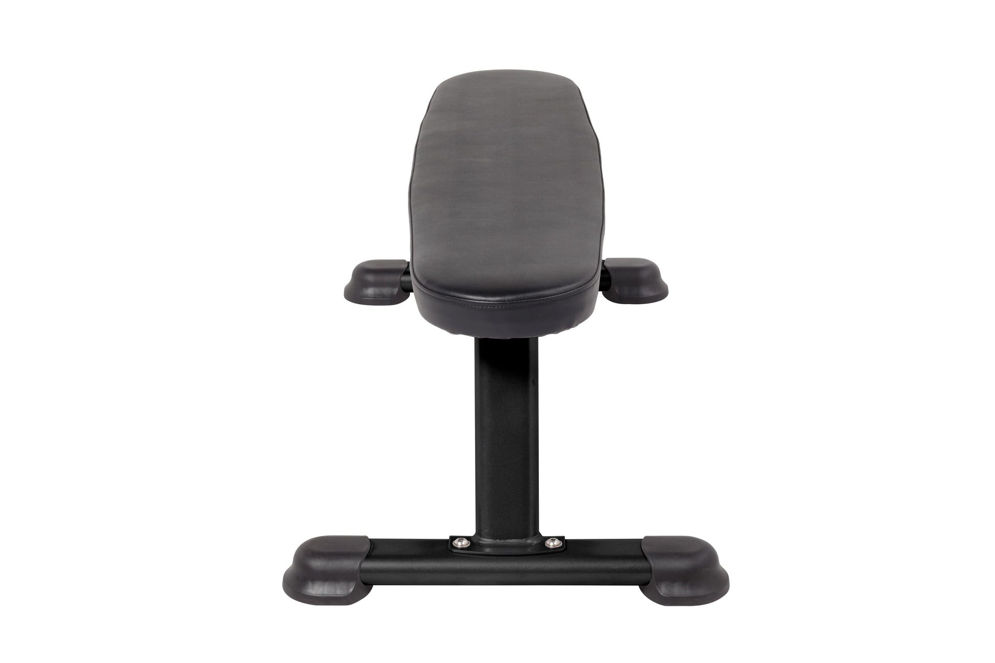 Hoist Flat Utility Bench with gray padded seat and backrest, black frame, and adjustable armrests on white background
