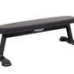 Black flat utility bench with padded grey vinyl seat, black metal frame, and suction cup feet on white background