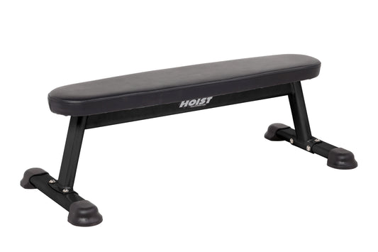Black flat utility bench with padded grey vinyl seat, black metal frame, and suction cup feet on white background