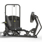 Black and gray leg press machine with padded seat, weight stack marked in pounds, extended leg platform, and adjustable back 