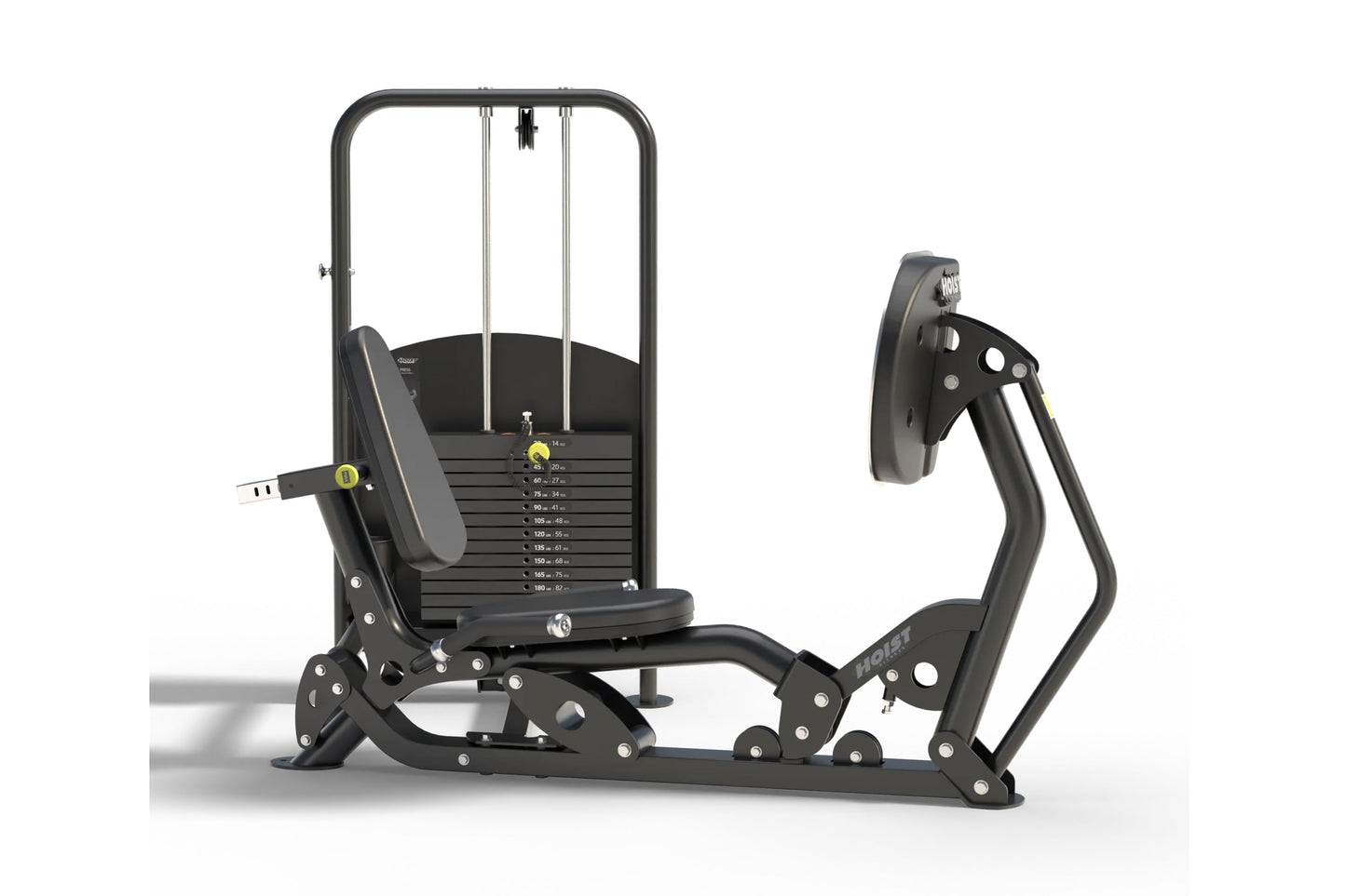 Black and gray leg press machine with padded seat, weight stack marked in pounds, extended leg platform, and adjustable back 