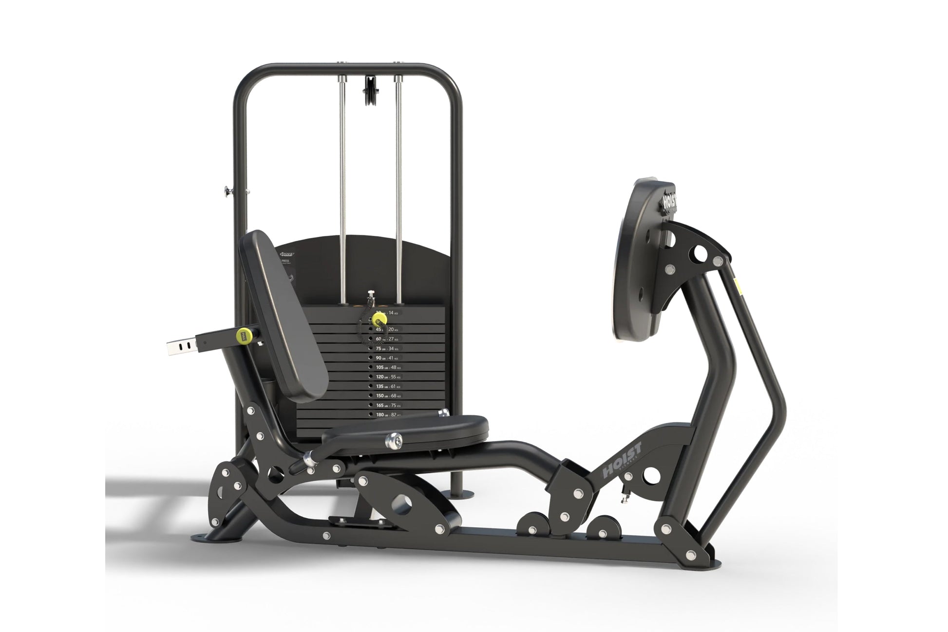 Black and gray leg press machine with padded seat, weight stack marked in pounds, extended leg platform, and adjustable back 