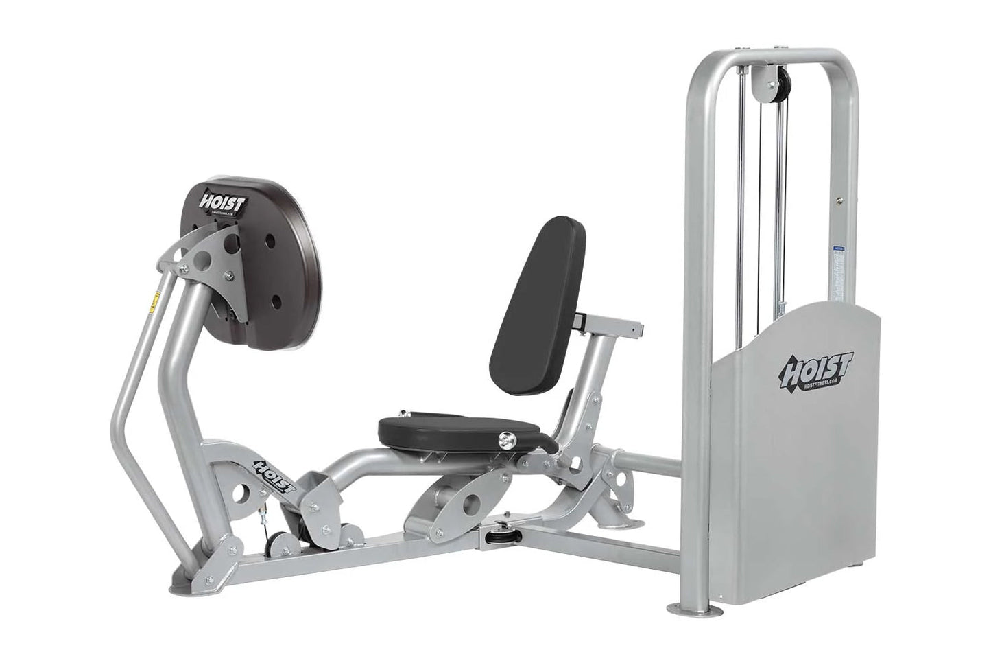 Hoist Freestanding Ride Leg Press with silver frame, black seat and leg pad, on white background