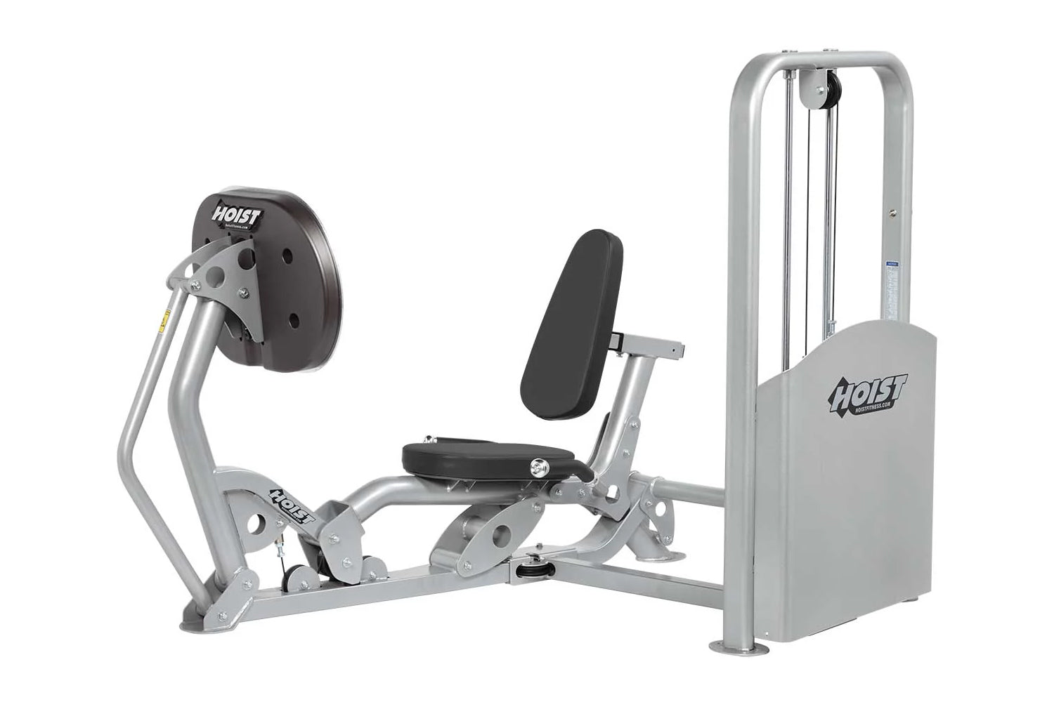 Hoist Freestanding Ride Leg Press with silver frame, black seat and leg pad, on white background