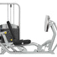 Hoist Freestanding Ride Leg Press with silver metal frame, black padded seat and footplate, weight stack on white background