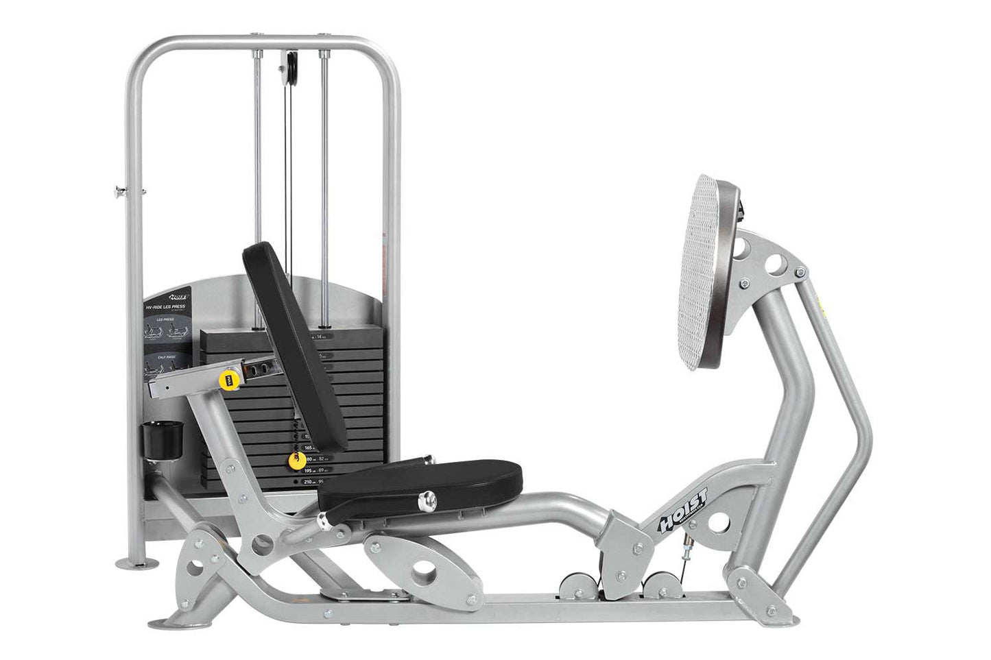 Hoist Freestanding Ride Leg Press with silver metal frame, black padded seat and footplate, weight stack on white background