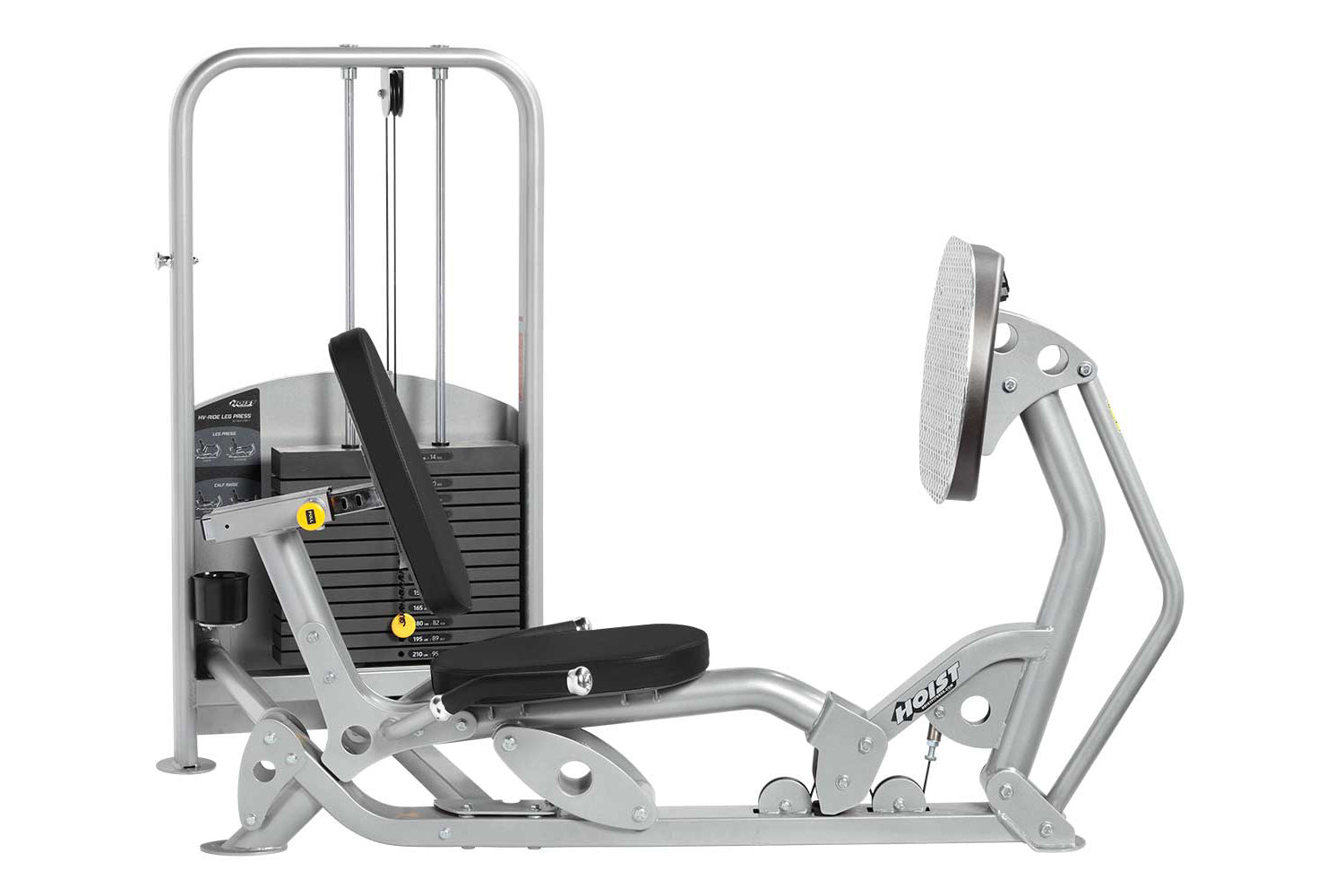 Hoist Freestanding Ride Leg Press with silver metal frame, black padded seat and footplate, weight stack on white background