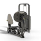 Hoist black freestanding leg press machine with gray upholstered seat and backrest on white background