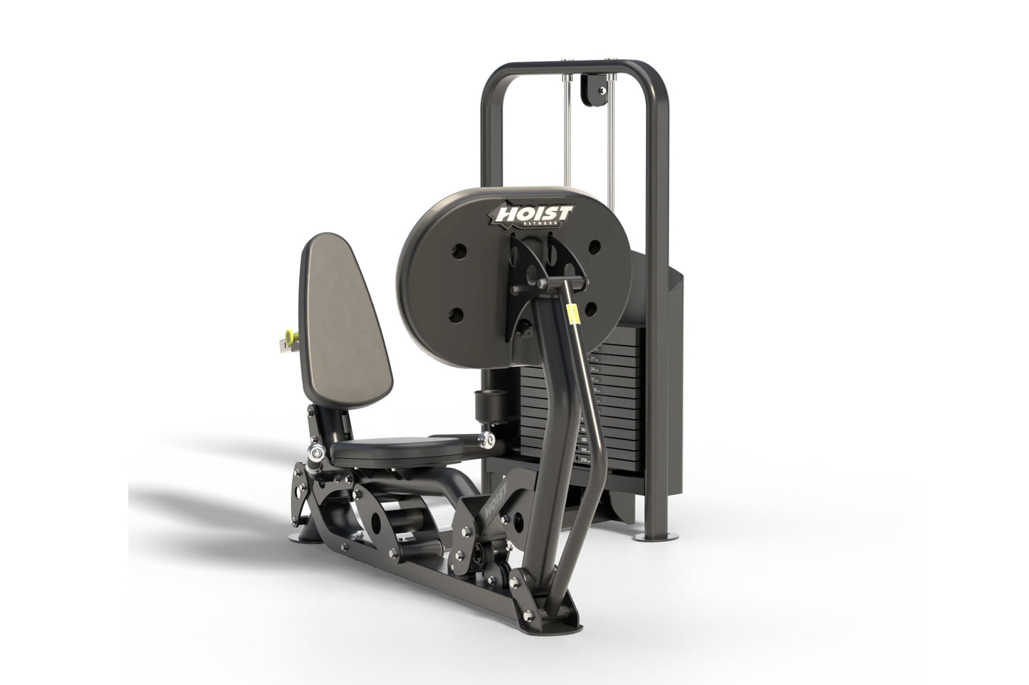 Hoist black freestanding leg press machine with gray upholstered seat and backrest on white background