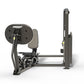 Hoist Freestanding Ride Leg Press with black frame, padded seat and backrest, weight stack on left side, on white background