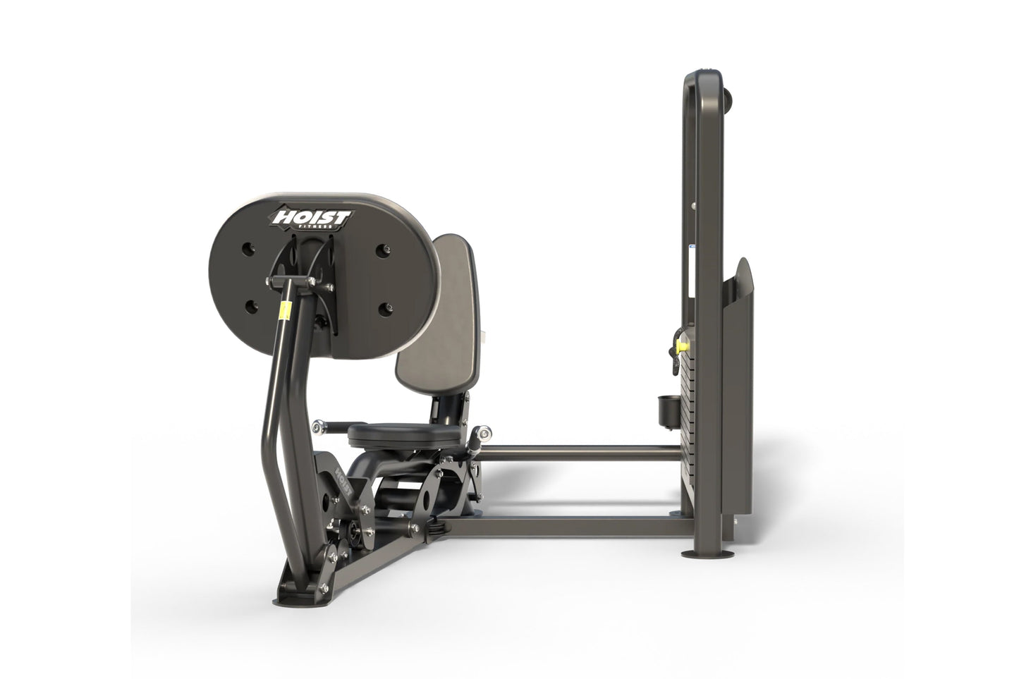 Hoist Freestanding Ride Leg Press with black frame, padded seat and backrest, weight stack on left side, on white background