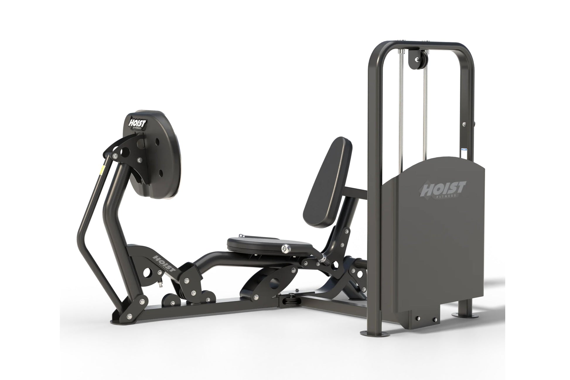 Hoist Freestanding Ride Leg Press, black frame with padded seat and footplate, on white background