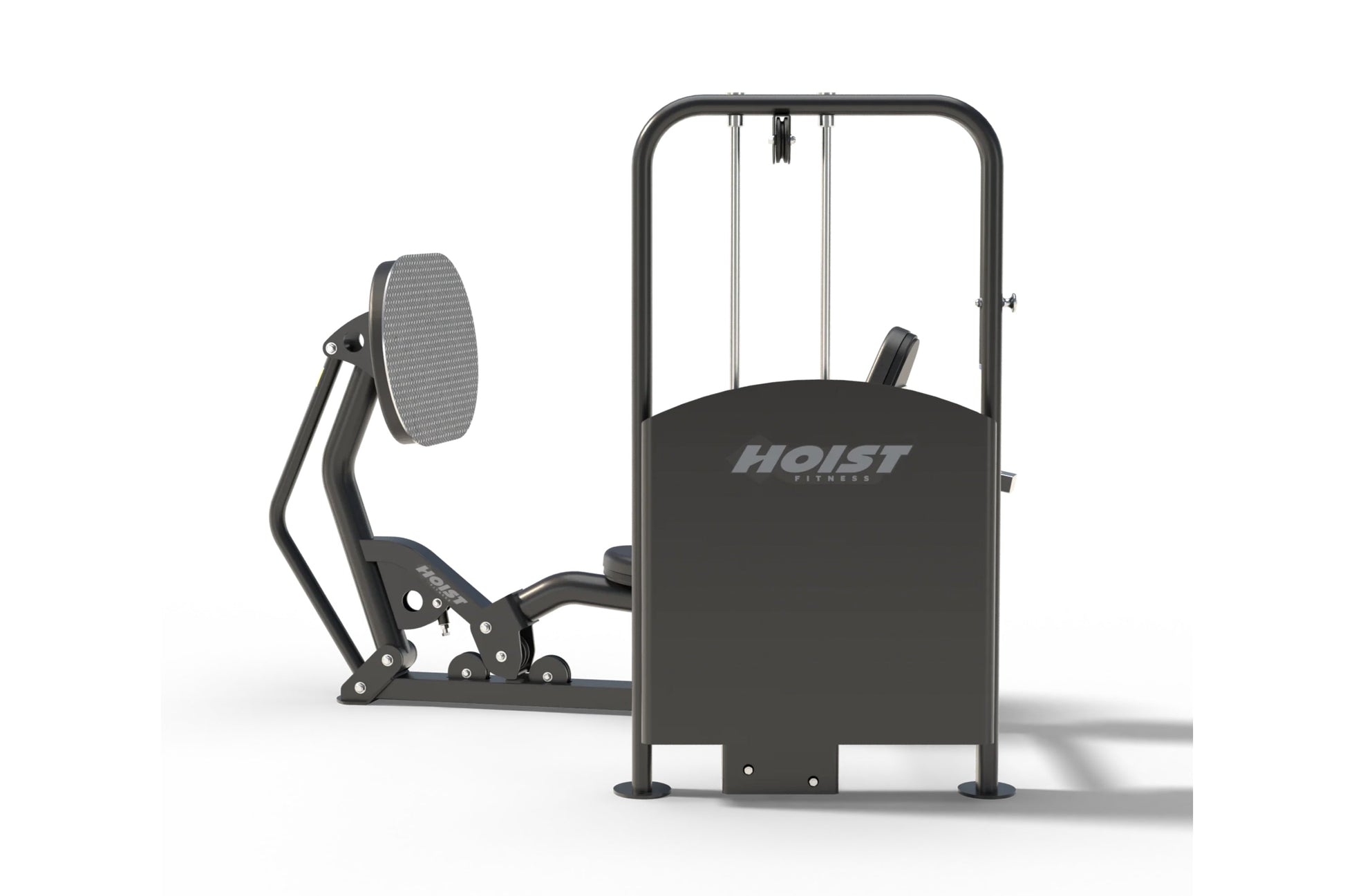 Black Hoist brand leg press machine with cable system, footplate, and adjustable seat, shown on white background