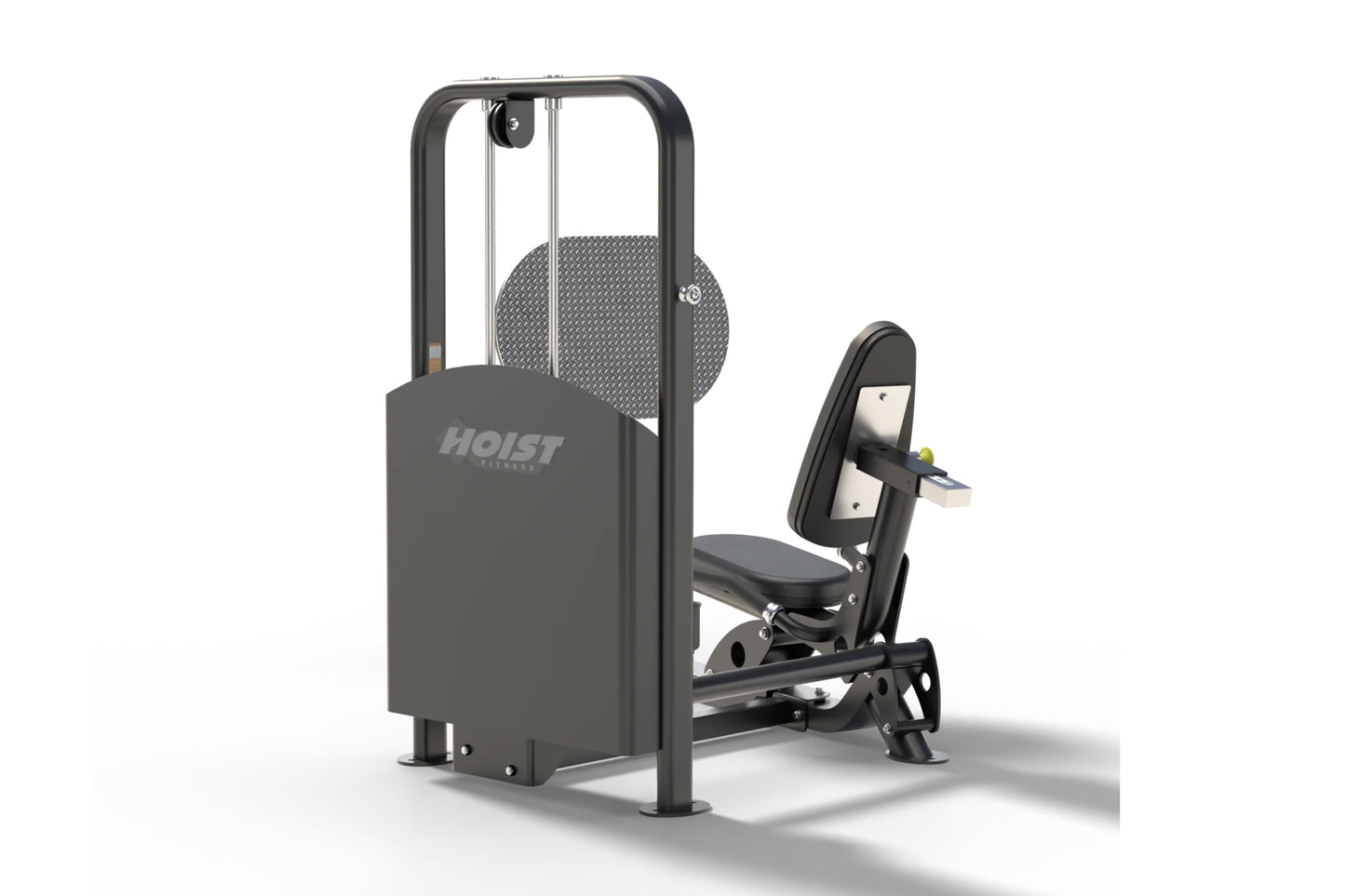 Hoist Freestanding Ride Leg Press with gray steel frame, black seat and footrest, mesh back support on white background
