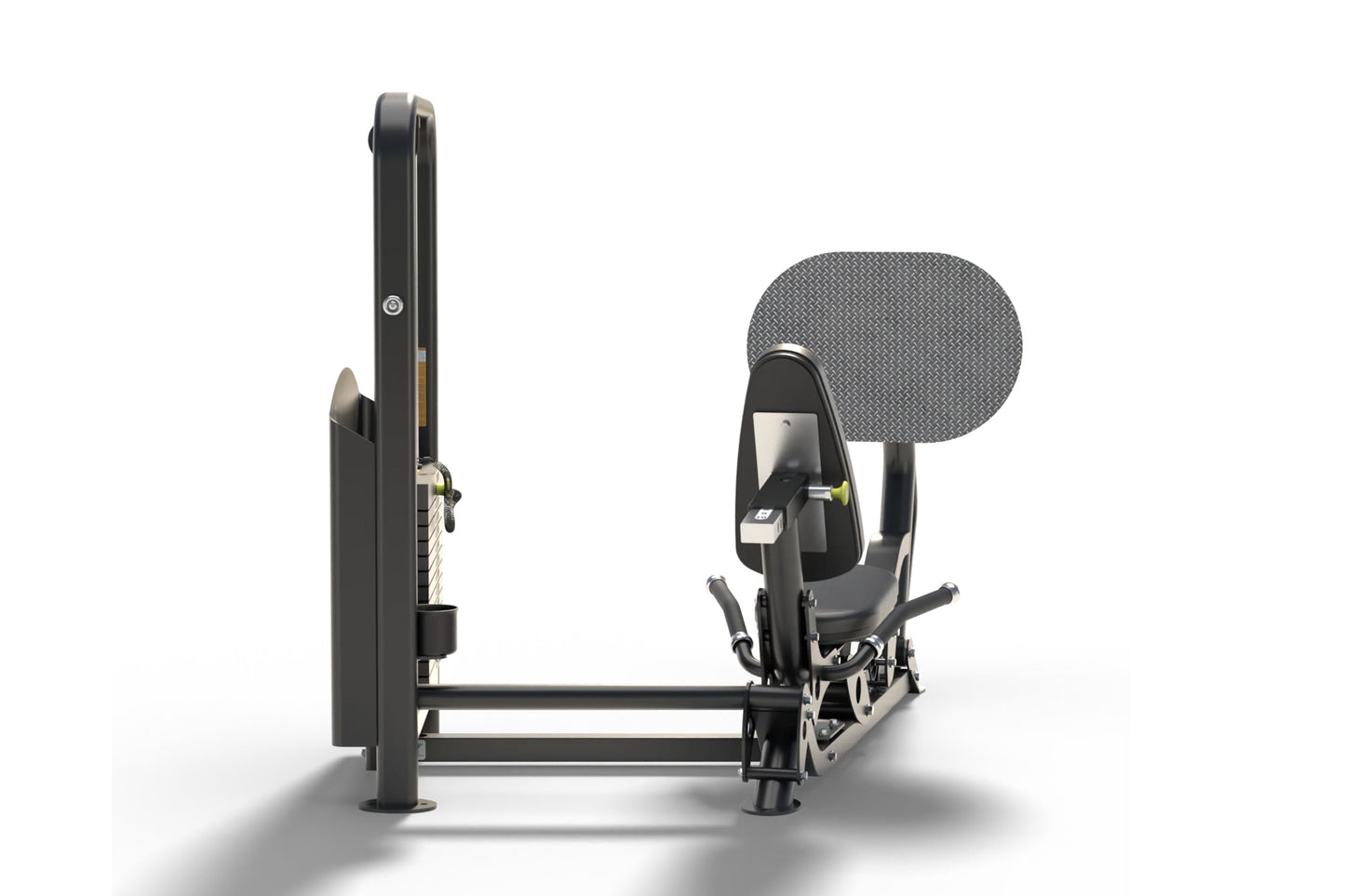 Black Hoist Freestanding Ride Leg Press machine with padded seat, gray textured backrest, and foot platform on white backgrou
