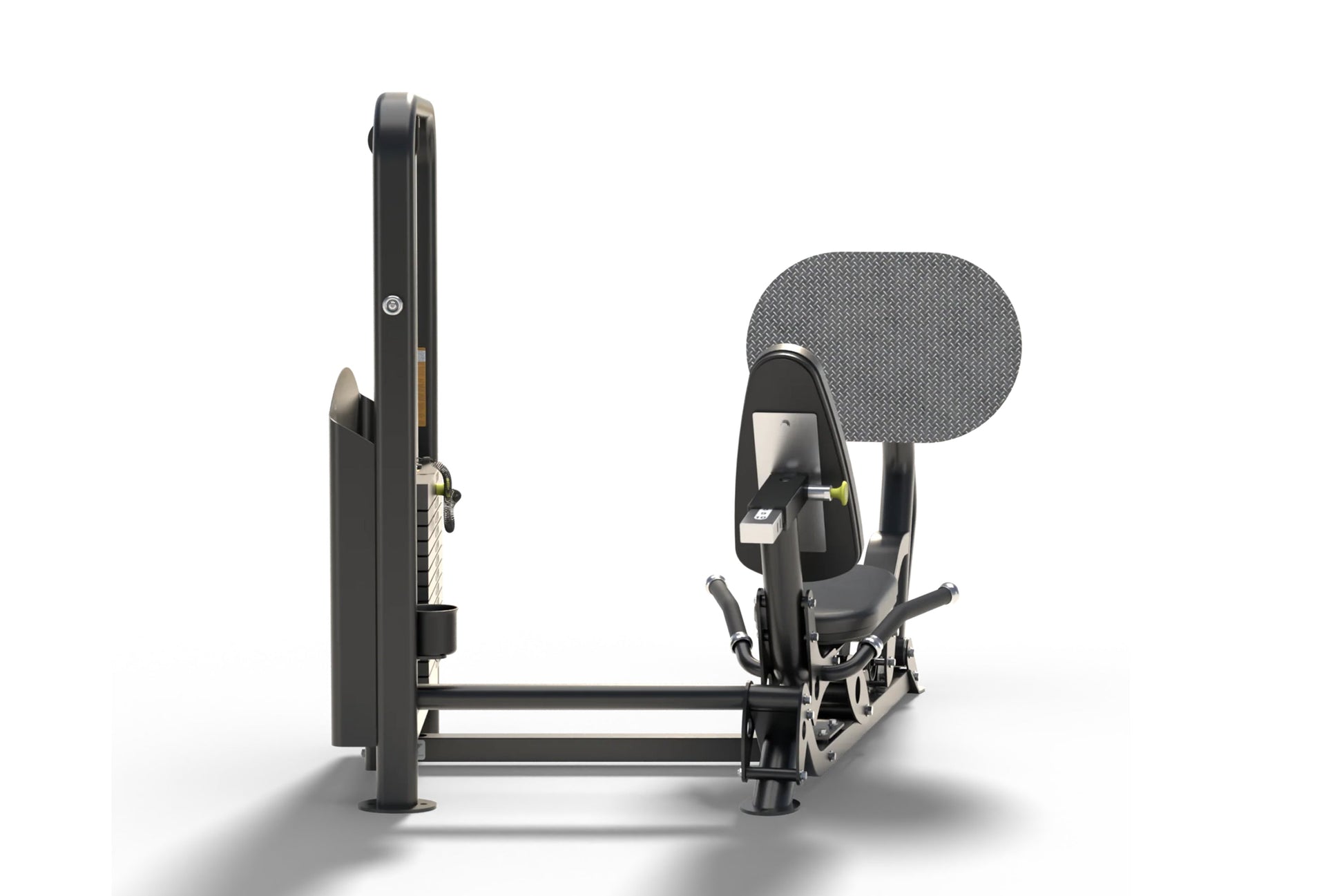 Black Hoist Freestanding Ride Leg Press machine with padded seat, gray textured backrest, and foot platform on white backgrou