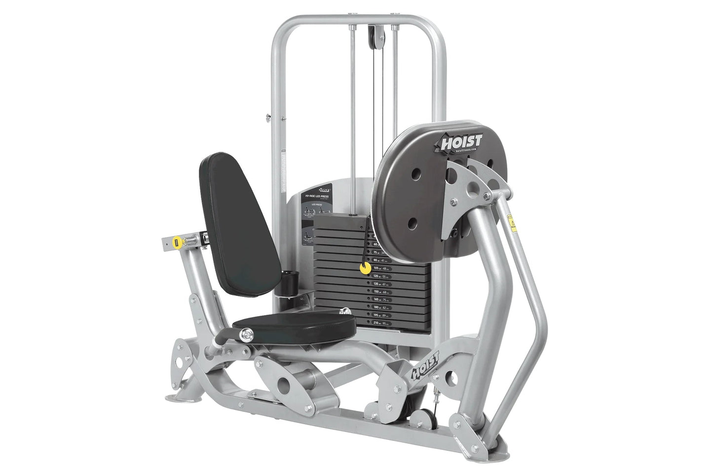 Hoist Freestanding Ride Leg Press with silver frame, black padded seat and backrest, weight stack, and dual foot platforms on