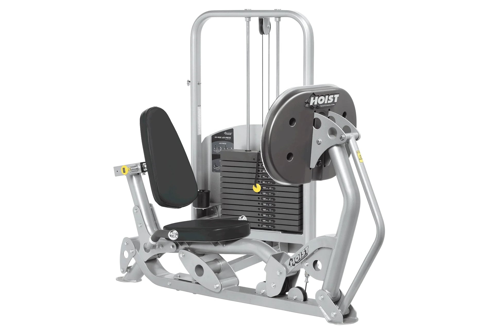 Hoist Freestanding Ride Leg Press with silver frame, black padded seat and backrest, weight stack, and dual foot platforms on