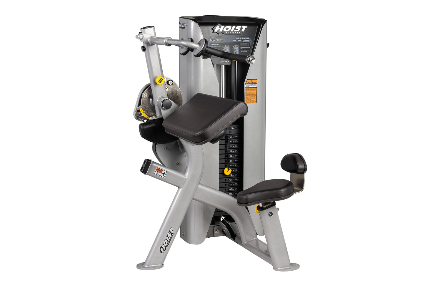 Hoist Preacher Curl/Triceps Extension machine with silver frame, black seat and arm pads, weight stack on white background