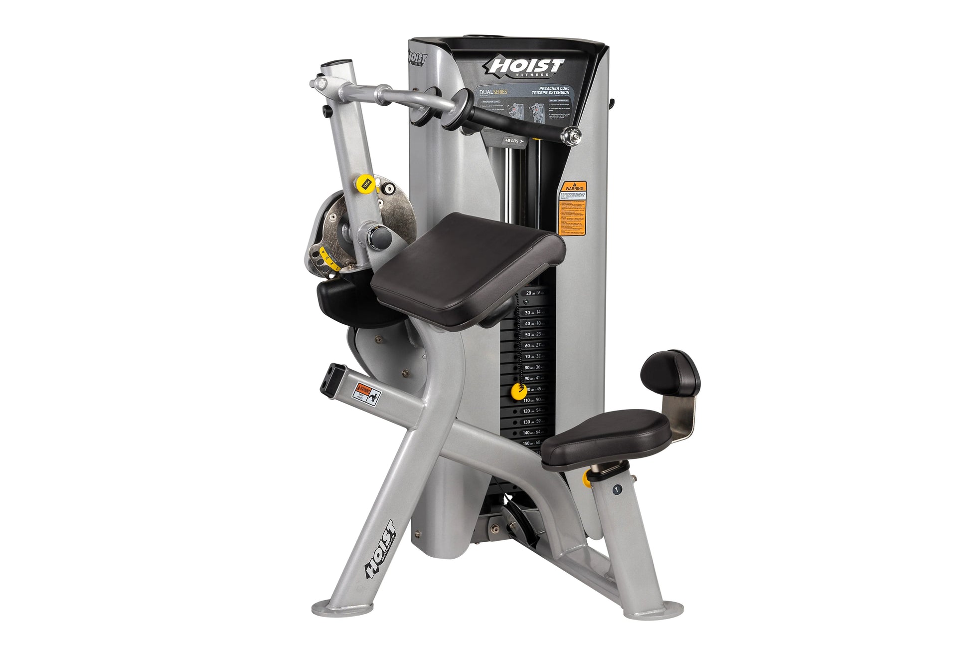 Hoist Preacher Curl/Triceps Extension machine with silver frame, black seat and arm pads, weight stack on white background