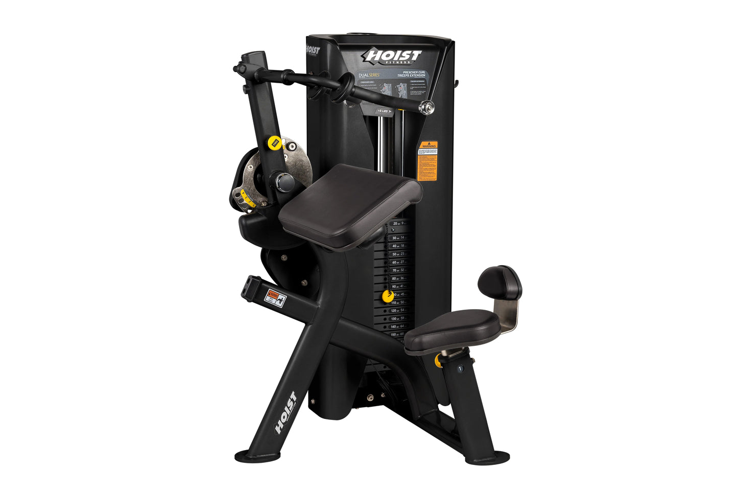 Hoist Fitness black dual-function strength machine with padded seat and arm curl attachment, on white background