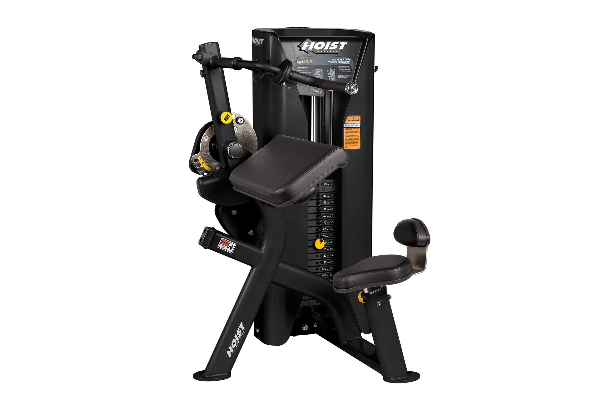 Hoist Fitness black dual-function strength machine with padded seat and arm curl attachment, on white background
