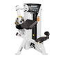 White and black Hoist Preacher Curl/Triceps Extension machine with dual cores, yellow accents, and padded seat on white backg
