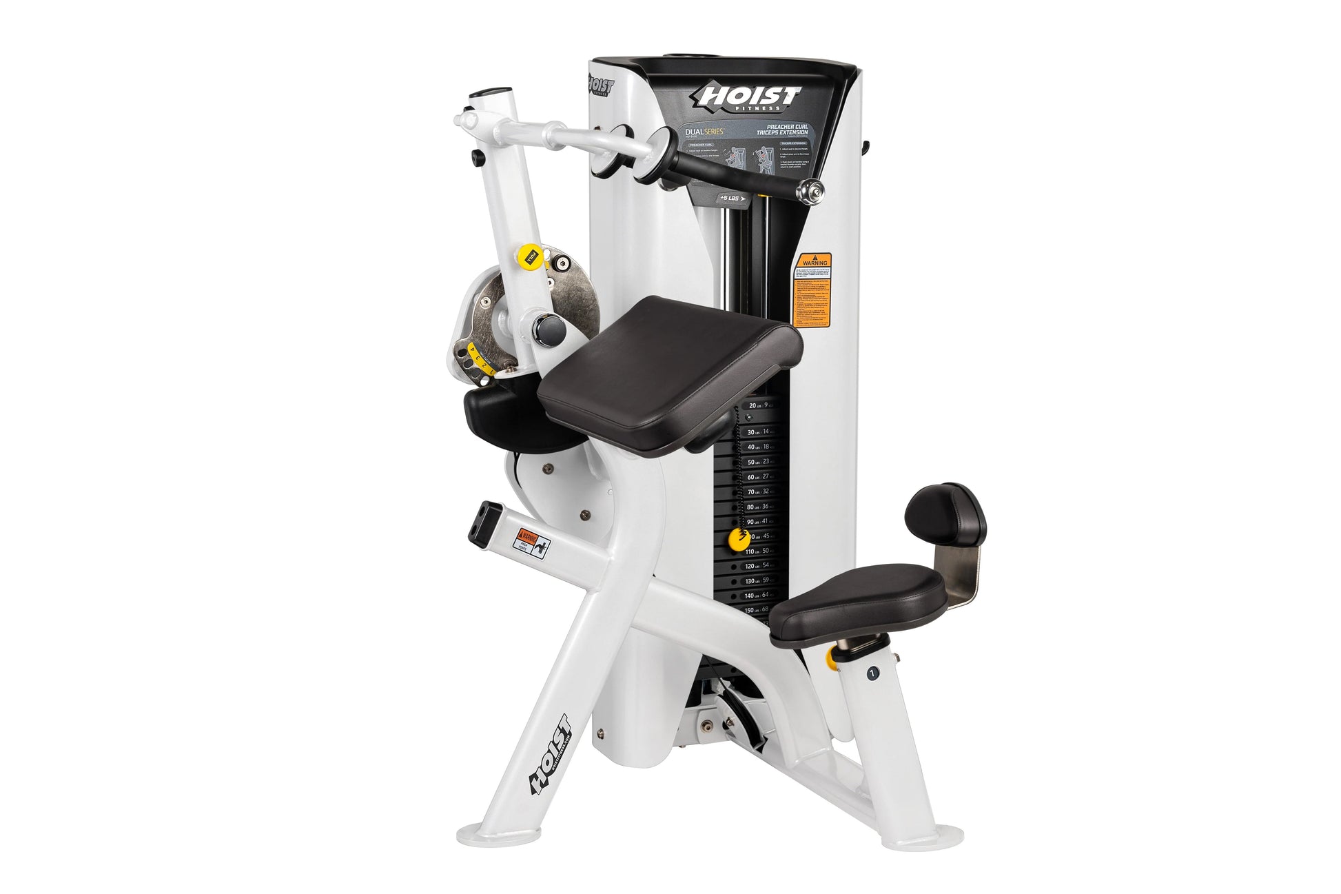 White and black Hoist Preacher Curl/Triceps Extension machine with dual cores, yellow accents, and padded seat on white backg