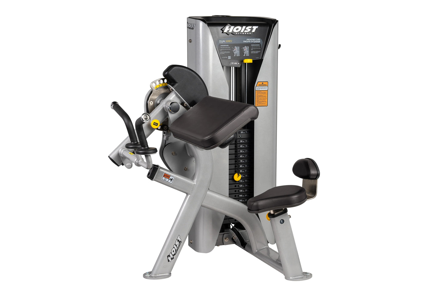 Hoist Preacher Curl/Triceps Extension machine with silver frame, black padded seat and arm rest, dual weight stacks on white 