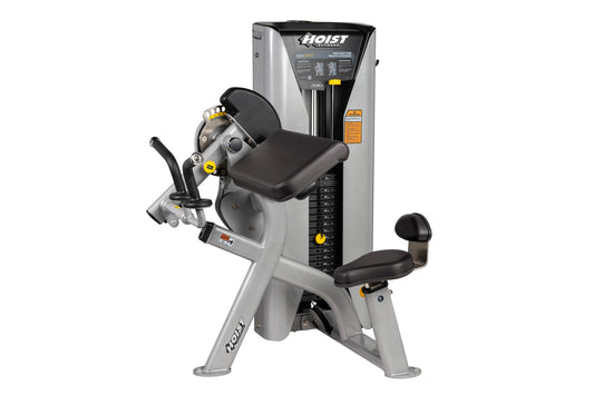Hoist Preacher Curl/Triceps Extension machine with silver frame, black padded seat and arm rest, dual weight stacks on white 