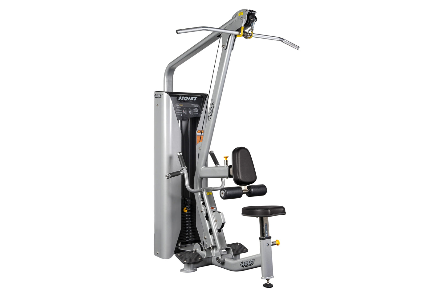 Hoist Lat Pulldown/Mid Row HD-3200 machine with silver frame, black seat and handles, dual exercise station on white backgrou