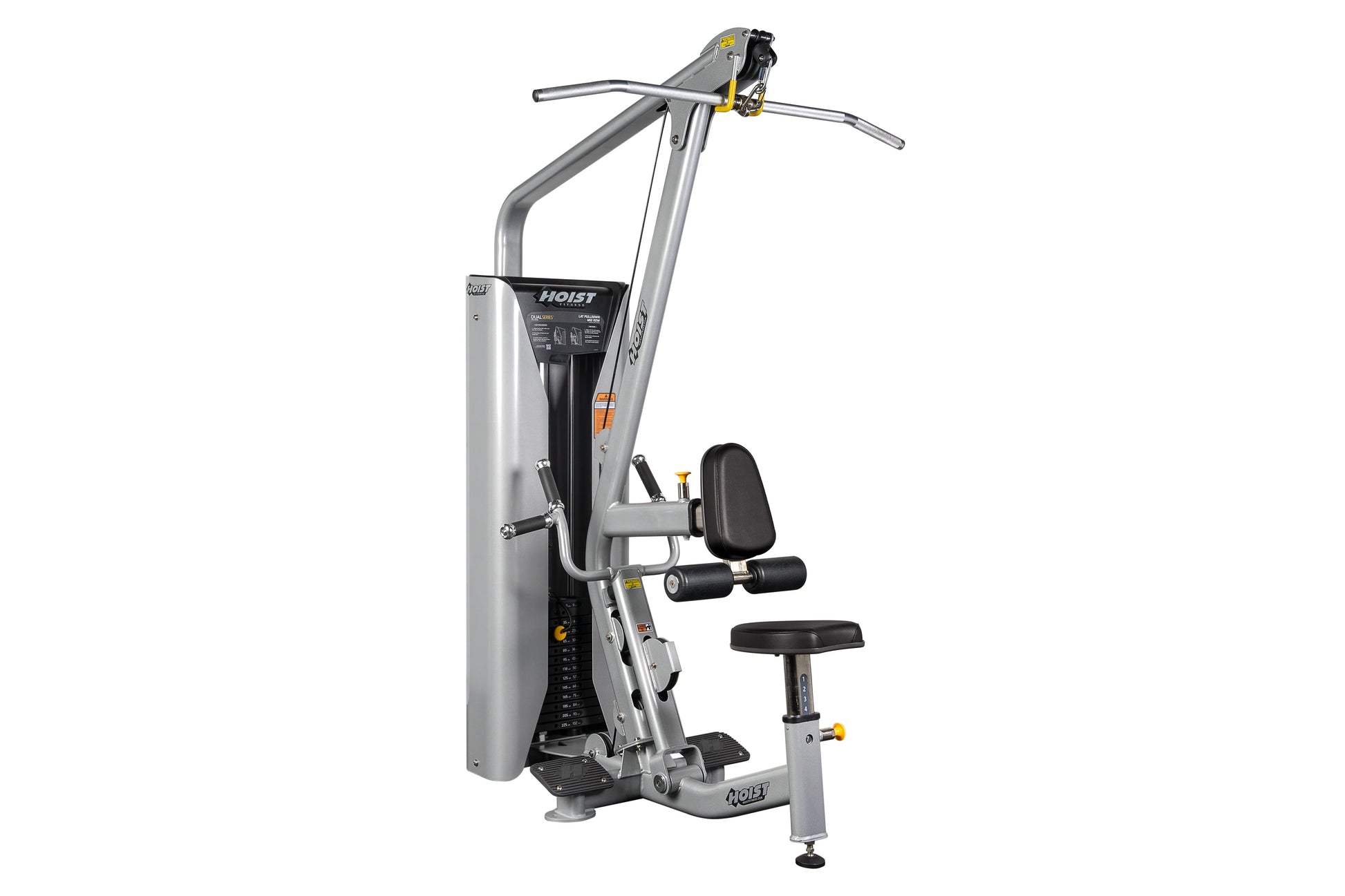 Hoist Lat Pulldown/Mid Row HD-3200 machine with silver frame, black seat and handles, dual exercise station on white backgrou
