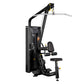Hoist Lat Pulldown/Mid Row HD-3200 exercise machine with black frame, yellow accents, and adjustable seat on white background