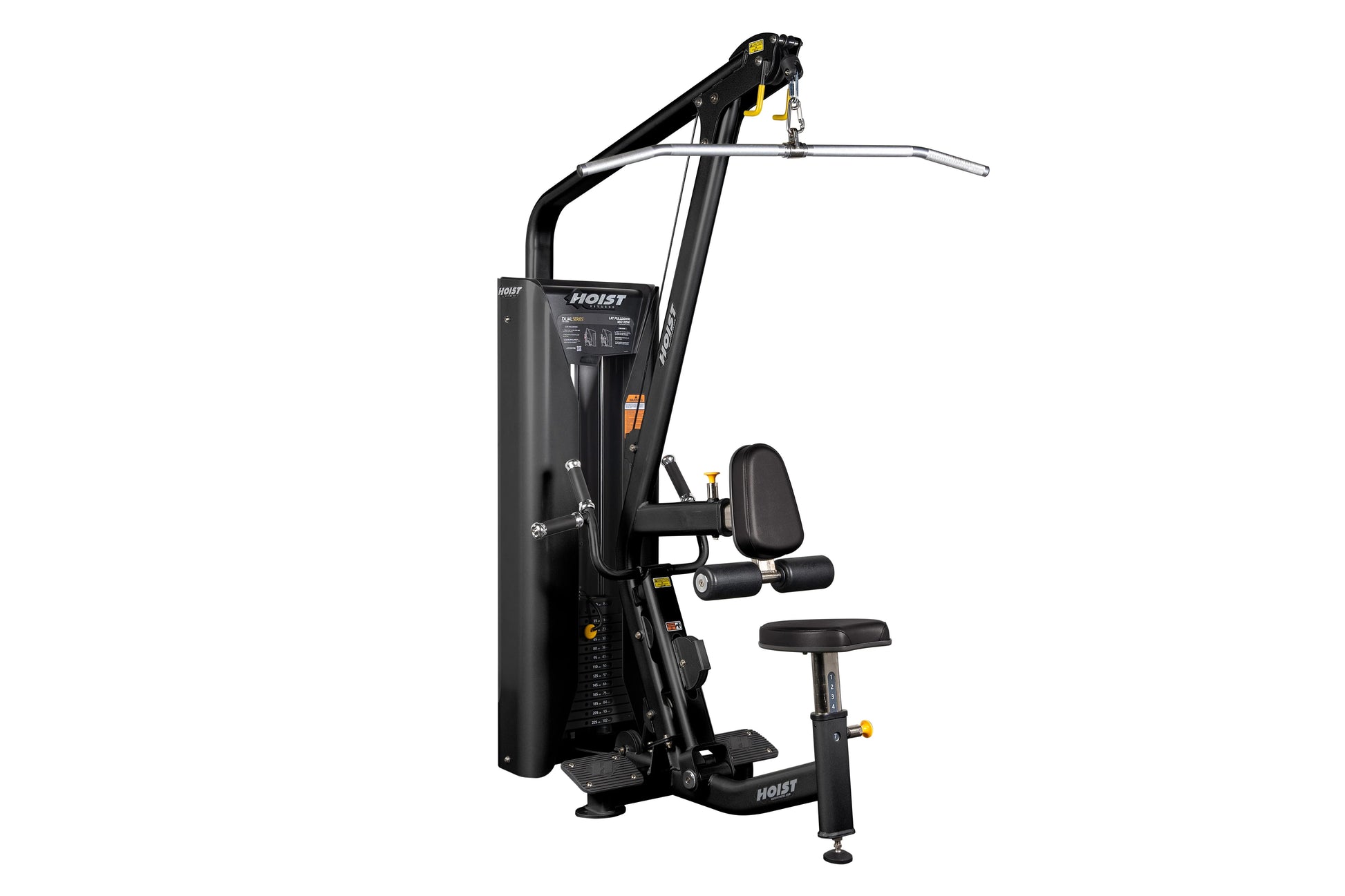 Hoist Lat Pulldown/Mid Row HD-3200 exercise machine with black frame, yellow accents, and adjustable seat on white background