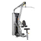 Hoist Lat Pulldown/Mid Row HD-3200 commercial gym machine with silver frame, black seat, and yellow accents on white backgrou