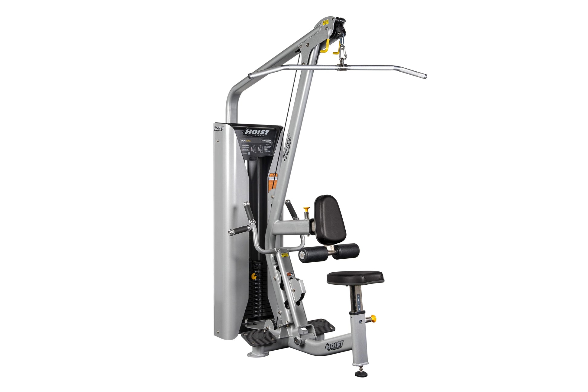 Hoist Lat Pulldown/Mid Row HD-3200 commercial gym machine with silver frame, black seat, and yellow accents on white backgrou