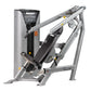 Hoist Chest/Shoulder Press Machine with silver frame, black padded seat and backrest, weight stack on left side, on white bac
