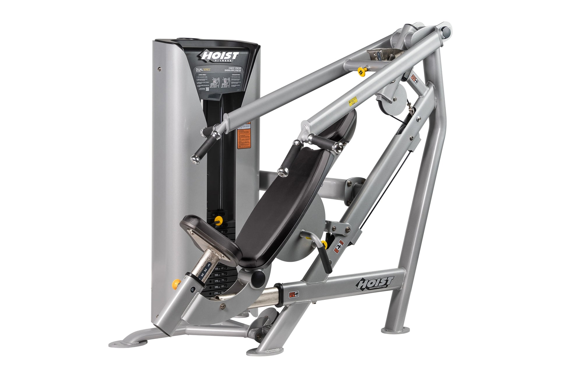 Hoist Chest/Shoulder Press Machine with silver frame, black padded seat and backrest, weight stack on left side, on white bac