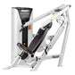 Hoist white and black chest/shoulder press machine with black padded seat and arm levers on white background