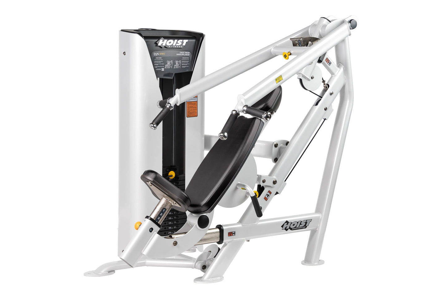 Hoist white and black chest/shoulder press machine with black padded seat and arm levers on white background