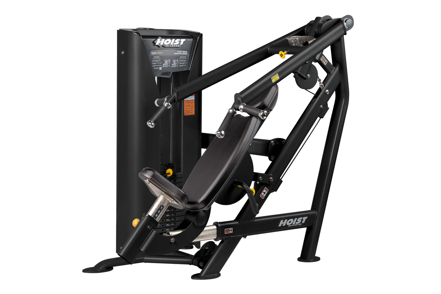 Black Hoist HD-3300 chest and shoulder press machine with padded seat and handles, displayed against white background