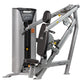 Hoist Chest/Shoulder Press Machine with silver frame, black seat and backrest, dual-axis lever arms with yellow accents on wh