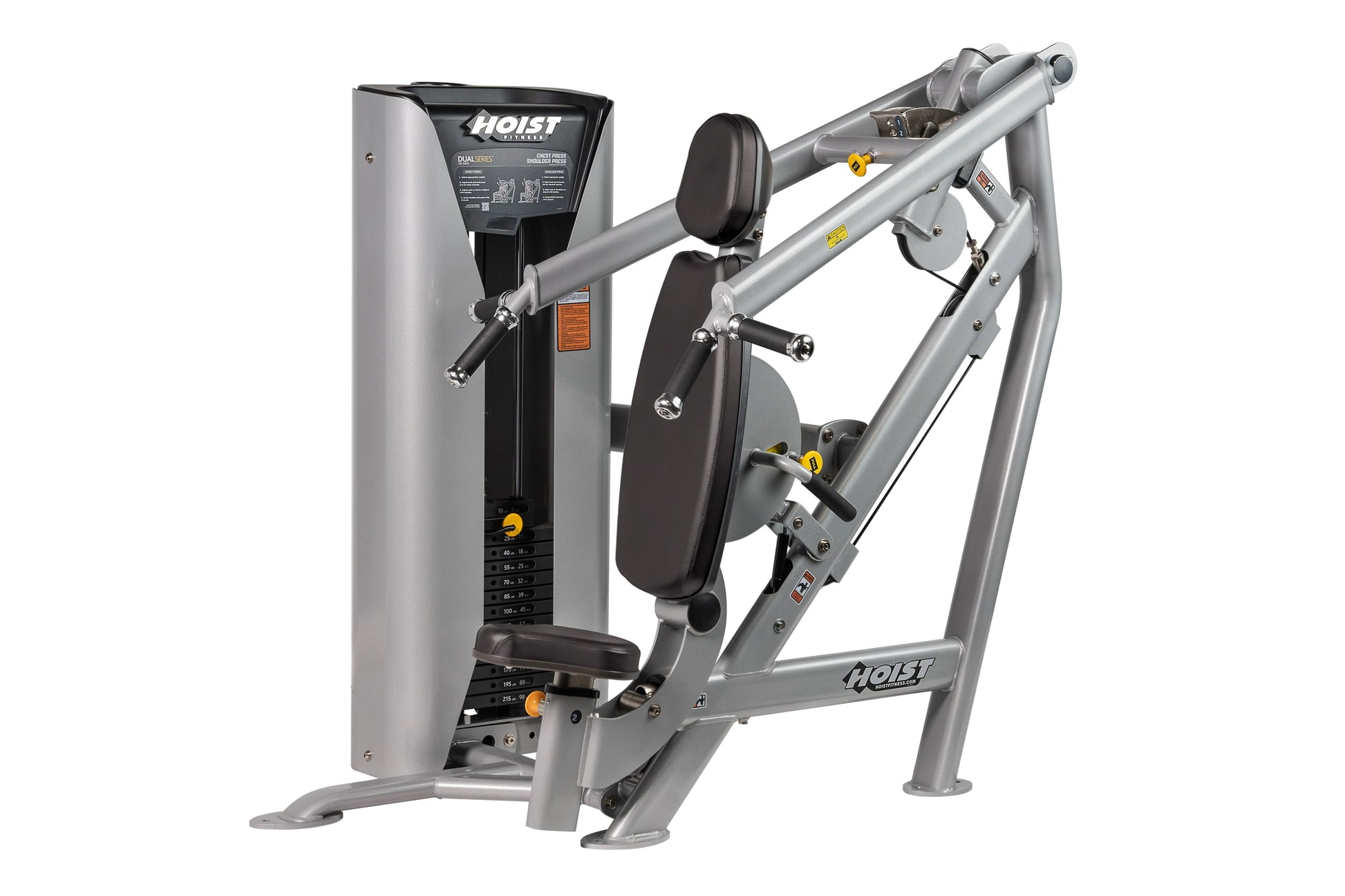 Hoist Chest/Shoulder Press Machine with silver frame, black seat and backrest, dual-axis lever arms with yellow accents on wh