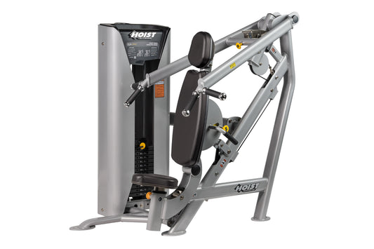 Hoist Chest/Shoulder Press Machine with silver frame, black seat and backrest, dual-axis lever arms with yellow accents on wh