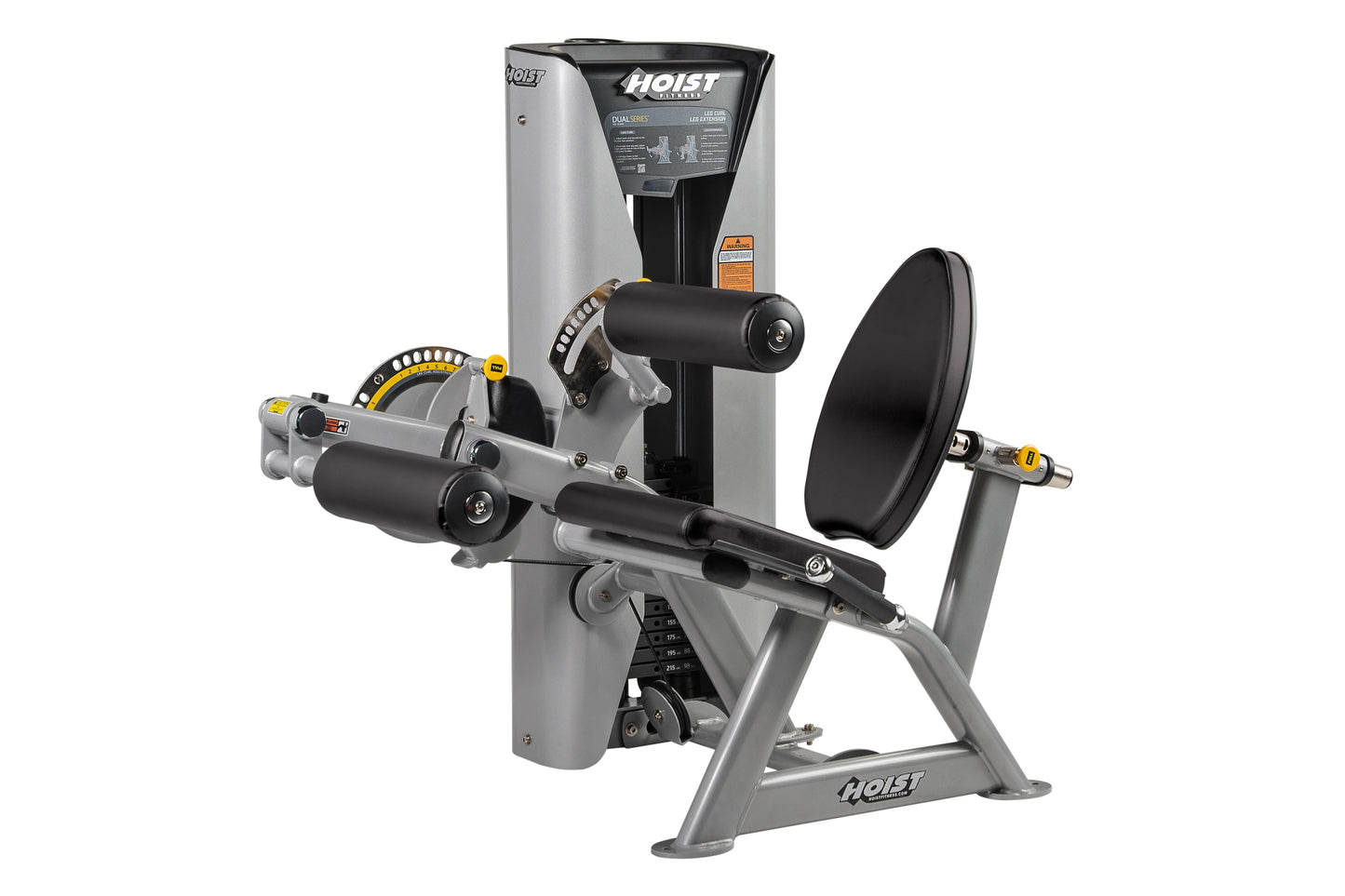 Hoist Dual Series leg extension and curl machine with gray frame, black padded seat, and weight stack on white background