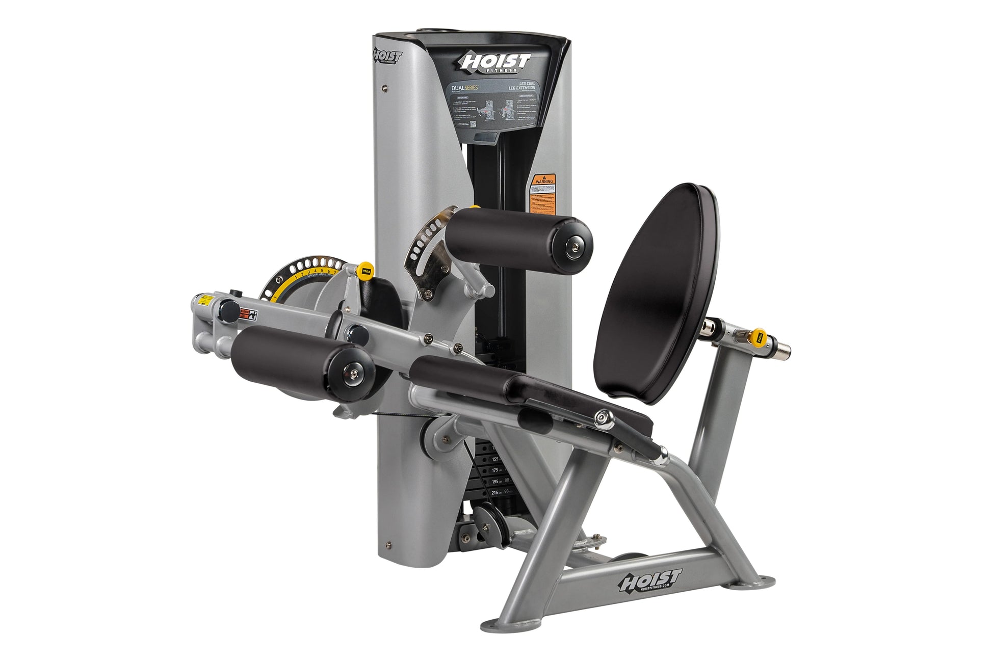 Hoist Dual Series leg extension and curl machine with gray frame, black padded seat, and weight stack on white background