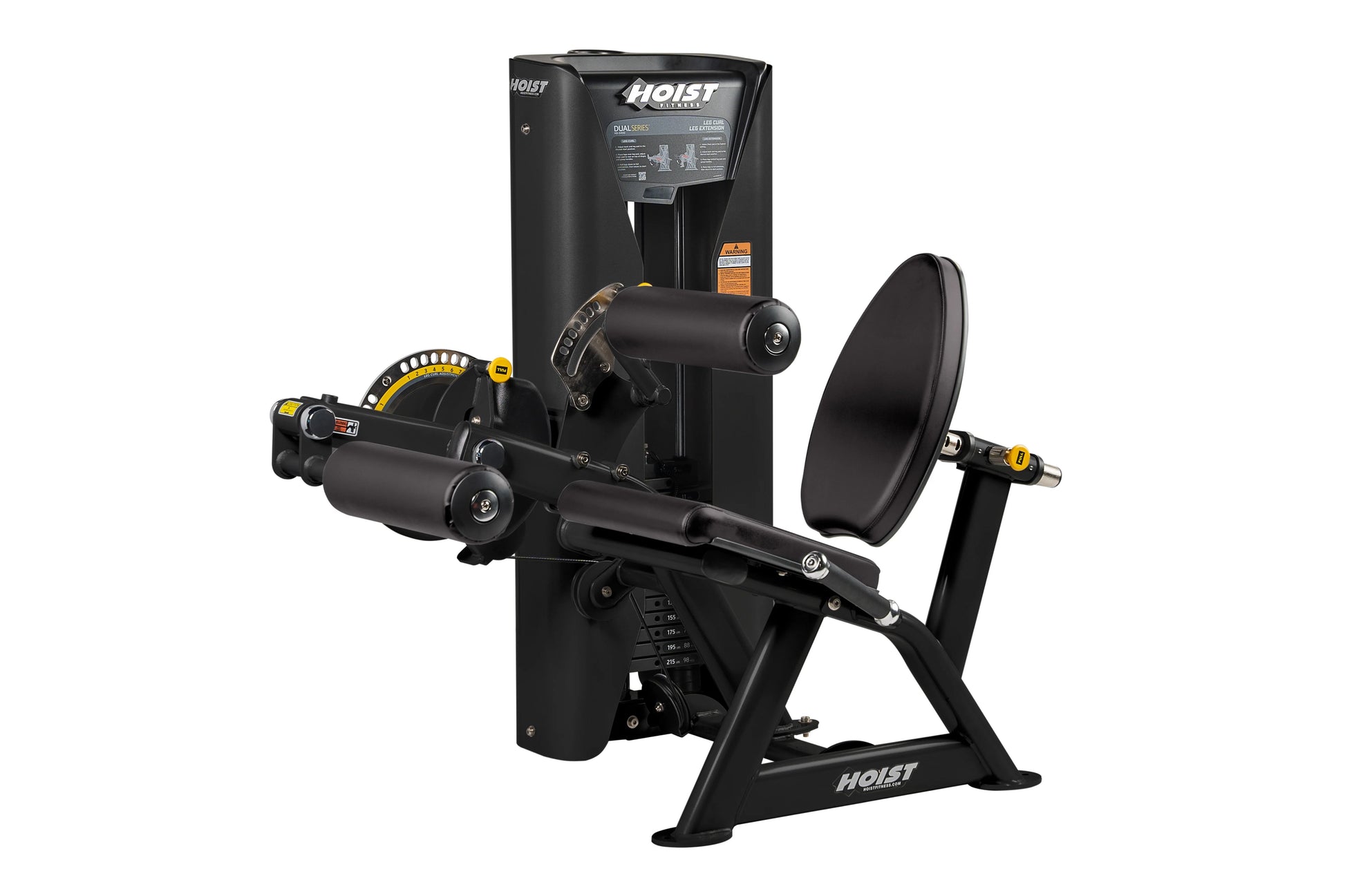 Hoist Dual Series black leg extension and leg curl machine with yellow accents on white background